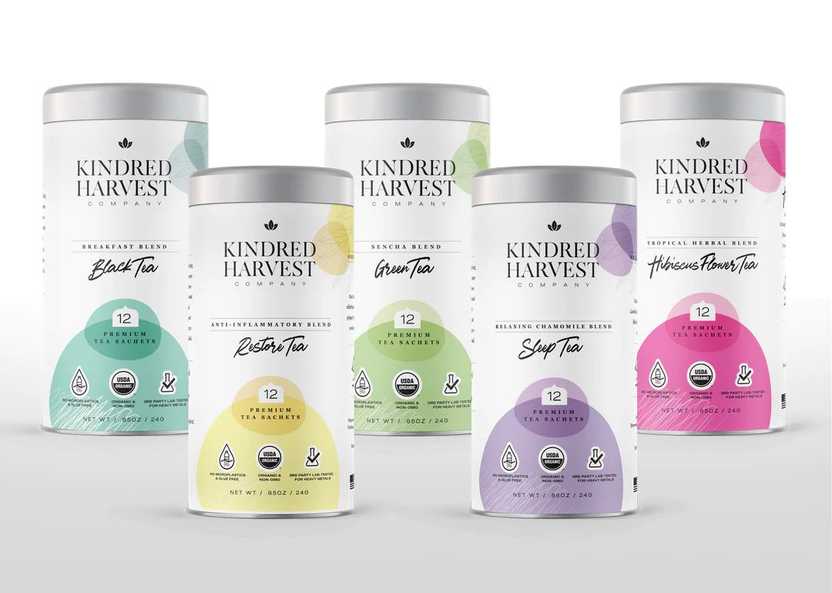 Photo of the Kindred Harvest starter bundle, which consists of five different tea flavors