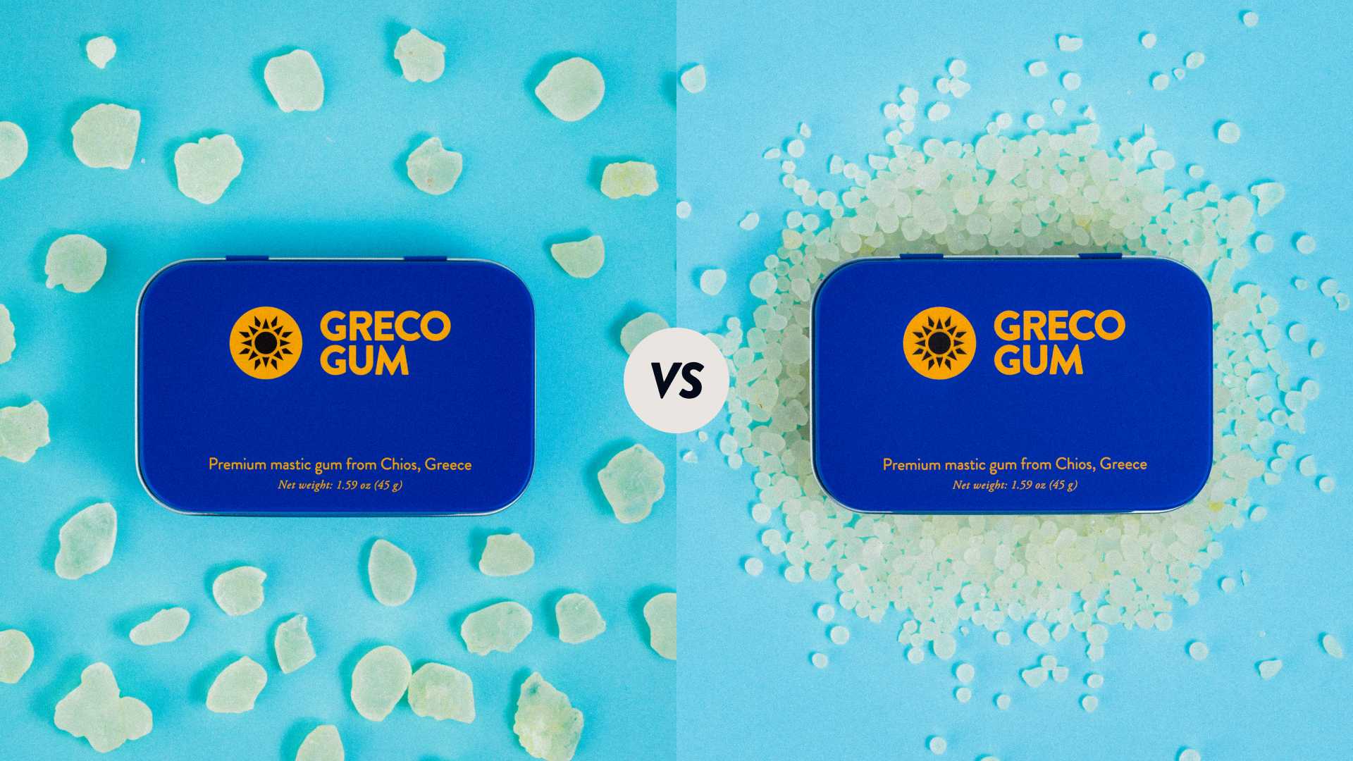 Greco Gum tins positioned next to each other, surrounded by either mastic gum droplets or mastic gum nuggets.